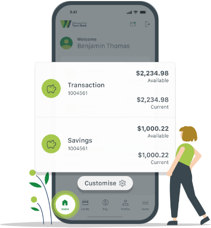 The updated app Home screen showing transaction and savings account balances.