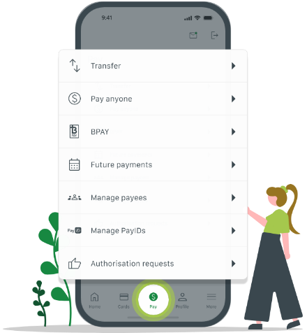 The updated Pay screen with transfers, Pay anyone, BPAY, future payments and saved payees.