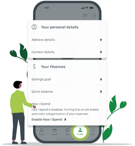 The updated Profile screen with personal details, savings goals, quick balance and How I Spend.